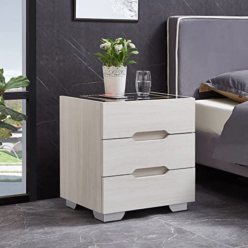 OLD CAPTAIN Nightstand Wireless Charging Station and LED Lights, Modern End Side Table with 3 Drawer for Bedrooms (White)