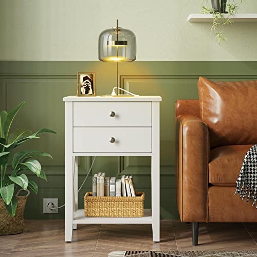 Rolanstar Nightstand with Charging Station, Night Stand with 2 Drawers, 2 AC and USB Power Outlets, Accent Bed Side Table with Storage Shelf for Bedroom, White