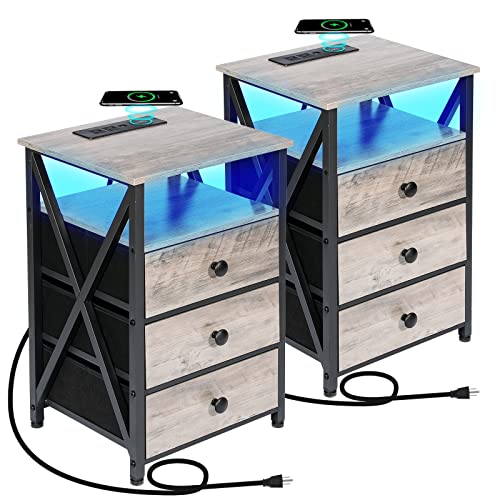 AMHANCIBLE LED Nightstands Set of 2, End Side Table with Wireless Charging Station, Bedside Table with USB Port & Outlet, Smart Night Stand with Fabric Drawers for Bedroom Living Room HET053LGY
