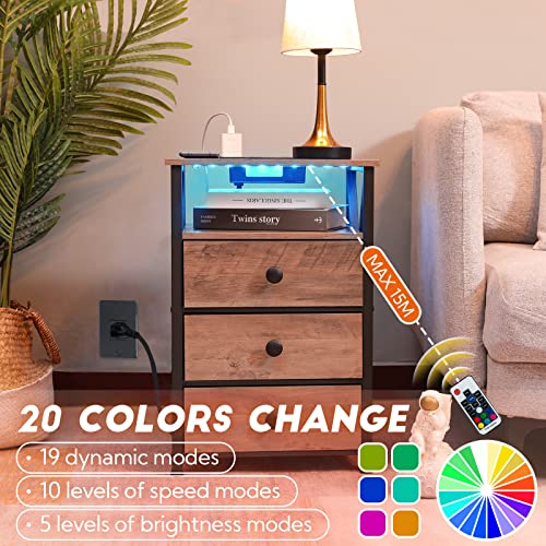 AMHANCIBLE LED Nightstands Set of 2, End Side Table with Wireless Charging Station, Bedside Table with USB Port & Outlet, Smart Night Stand with Fabric Drawers for Bedroom Living Room HET053LGY