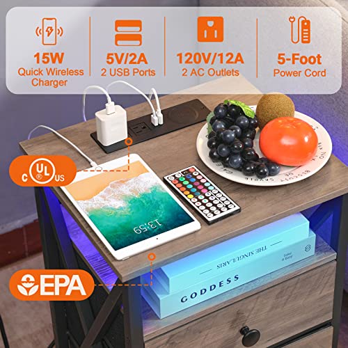 AMHANCIBLE LED Nightstands Set of 2, End Side Table with Wireless Charging Station, Bedside Table with USB Port & Outlet, Smart Night Stand with Fabric Drawers for Bedroom Living Room HET053LGY
