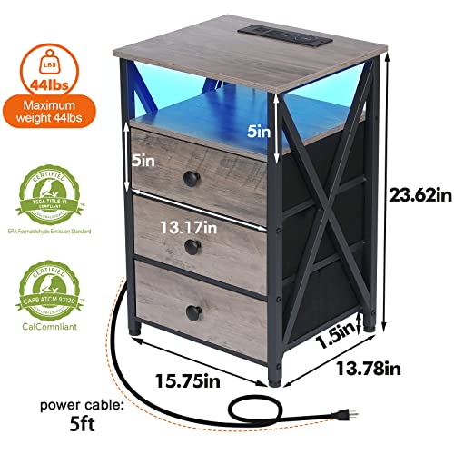 AMHANCIBLE LED Nightstands Set of 2, End Side Table with Wireless Charging Station, Bedside Table with USB Port & Outlet, Smart Night Stand with Fabric Drawers for Bedroom Living Room HET053LGY
