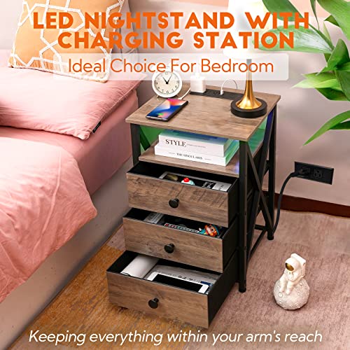 AMHANCIBLE LED Nightstands Set of 2, End Side Table with Wireless Charging Station, Bedside Table with USB Port & Outlet, Smart Night Stand with Fabric Drawers for Bedroom Living Room HET053LGY