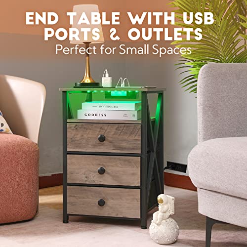 AMHANCIBLE LED Nightstands Set of 2, End Side Table with Wireless Charging Station, Bedside Table with USB Port & Outlet, Smart Night Stand with Fabric Drawers for Bedroom Living Room HET053LGY