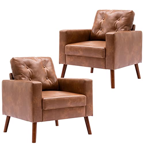 HNY Set of 2 Mid Century Modern Armchair, Button Tufted Faux Leather Accent Chair with Arm, Upholstered Club Chair for Living Room, Bedroom, Rubber Wood Legs, Caramel, 29.1D x 32.3W x 33.1H Inch