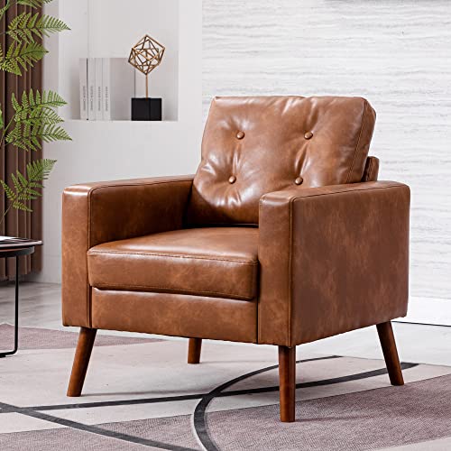 HNY Set of 2 Mid Century Modern Armchair, Button Tufted Faux Leather Accent Chair with Arm, Upholstered Club Chair for Living Room, Bedroom, Rubber Wood Legs, Caramel, 29.1D x 32.3W x 33.1H Inch