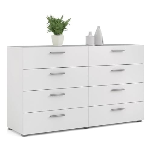 Levan Home Contemporary 8 Drawer Double Bedroom Dresser in White with Modern Silver Color Bar Handles