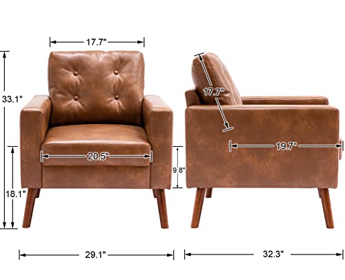 HNY Set of 2 Mid Century Modern Armchair, Button Tufted Faux Leather Accent Chair with Arm, Upholstered Club Chair for Living Room, Bedroom, Rubber Wood Legs, Caramel, 29.1D x 32.3W x 33.1H Inch
