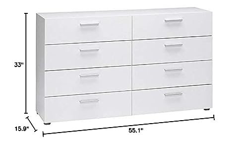 Levan Home Contemporary 8 Drawer Double Bedroom Dresser in White with Modern Silver Color Bar Handles