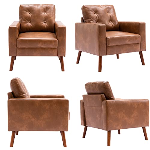 HNY Set of 2 Mid Century Modern Armchair, Button Tufted Faux Leather Accent Chair with Arm, Upholstered Club Chair for Living Room, Bedroom, Rubber Wood Legs, Caramel, 29.1D x 32.3W x 33.1H Inch