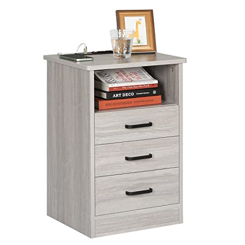 ADORNEVE Grey Nightstand 3 Drawers with USB Port,Bedroom End Table Side Table,with Sliding Drawer & Open Storage
