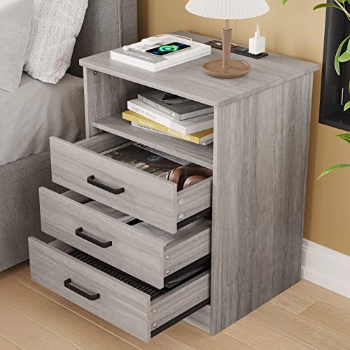 ADORNEVE Grey Nightstand 3 Drawers with USB Port,Bedroom End Table Side Table,with Sliding Drawer & Open Storage