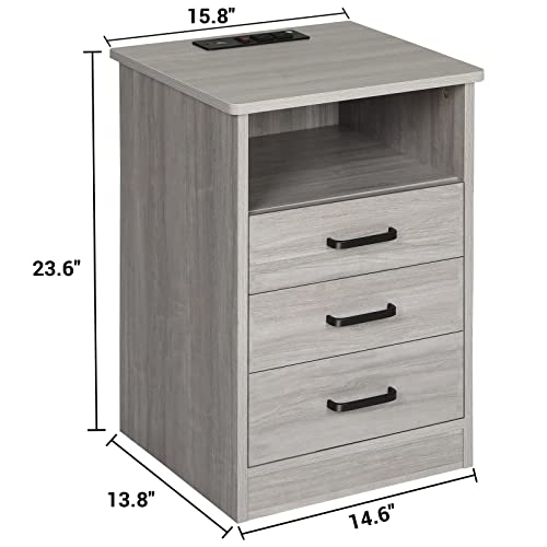 ADORNEVE Grey Nightstand 3 Drawers with USB Port,Bedroom End Table Side Table,with Sliding Drawer & Open Storage