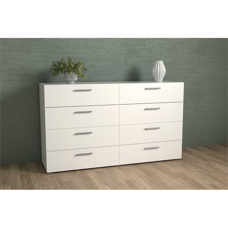 Levan Home Contemporary 8 Drawer Double Bedroom Dresser in White with Modern Silver Color Bar Handles