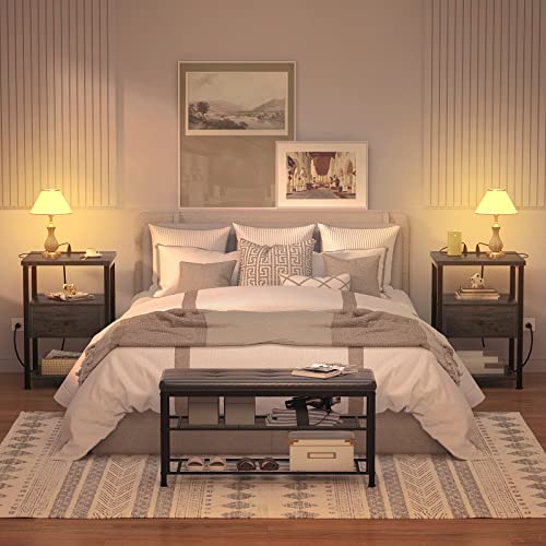 Ecoprsio Nightstand Set of 2 with Charging Station, End Table Bedside Table with USB Ports, Modern Nightstands with Drawers Storage Shelf, Wood Night Stands for Bedroom, Living Room, Sofa Couch, Gray