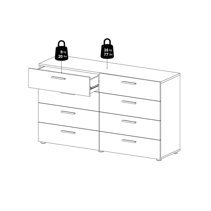 Levan Home Contemporary 8 Drawer Double Bedroom Dresser in White with Modern Silver Color Bar Handles