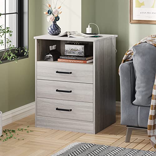 ADORNEVE Grey Nightstand 3 Drawers with USB Port,Bedroom End Table Side Table,with Sliding Drawer & Open Storage