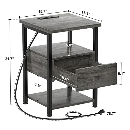 Ecoprsio Nightstand Set of 2 with Charging Station, End Table Bedside Table with USB Ports, Modern Nightstands with Drawers Storage Shelf, Wood Night Stands for Bedroom, Living Room, Sofa Couch, Gray