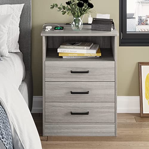 ADORNEVE Grey Nightstand 3 Drawers with USB Port,Bedroom End Table Side Table,with Sliding Drawer & Open Storage