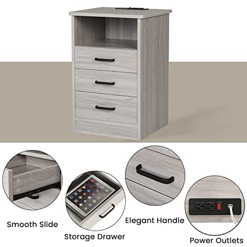 ADORNEVE Grey Nightstand 3 Drawers with USB Port,Bedroom End Table Side Table,with Sliding Drawer & Open Storage
