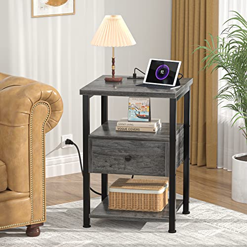 Ecoprsio Nightstand Set of 2 with Charging Station, End Table Bedside Table with USB Ports, Modern Nightstands with Drawers Storage Shelf, Wood Night Stands for Bedroom, Living Room, Sofa Couch, Gray