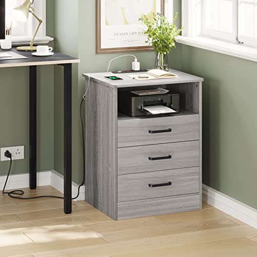 ADORNEVE Grey Nightstand 3 Drawers with USB Port,Bedroom End Table Side Table,with Sliding Drawer & Open Storage
