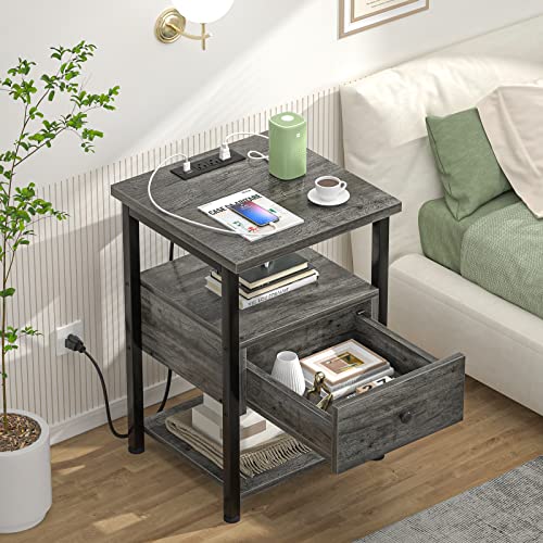 Ecoprsio Nightstand Set of 2 with Charging Station, End Table Bedside Table with USB Ports, Modern Nightstands with Drawers Storage Shelf, Wood Night Stands for Bedroom, Living Room, Sofa Couch, Gray