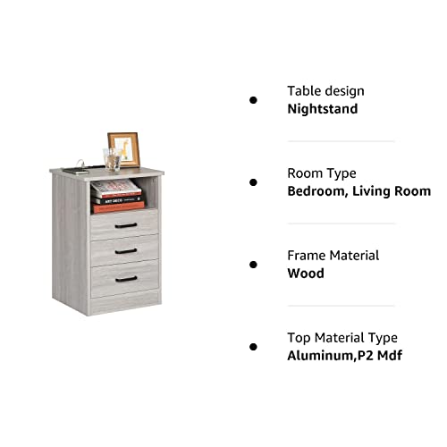 ADORNEVE Grey Nightstand 3 Drawers with USB Port,Bedroom End Table Side Table,with Sliding Drawer & Open Storage