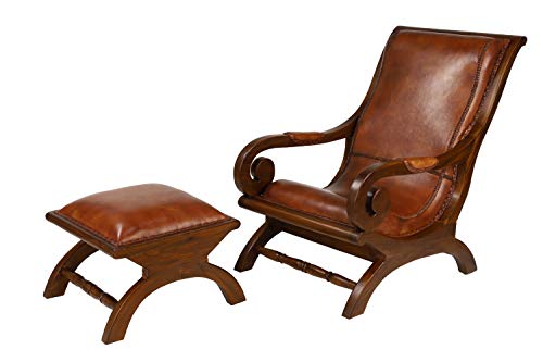 Deco 79 Teak Wood Upholstered Leather Accent Chair with Ottoman with Scrollwork and High Back, Set of 2 36", 16"H, Brown