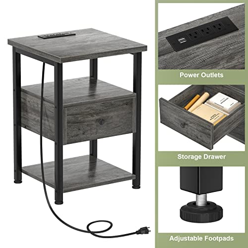 Ecoprsio Nightstand Set of 2 with Charging Station, End Table Bedside Table with USB Ports, Modern Nightstands with Drawers Storage Shelf, Wood Night Stands for Bedroom, Living Room, Sofa Couch, Gray