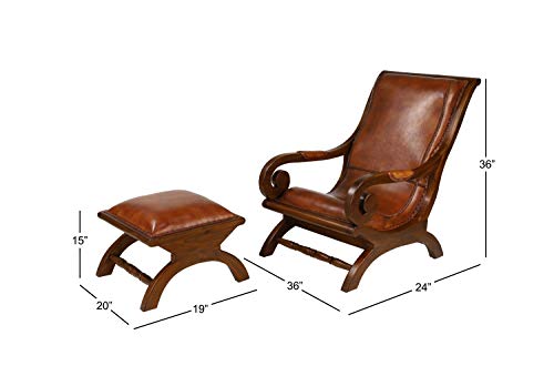 Deco 79 Teak Wood Upholstered Leather Accent Chair with Ottoman with Scrollwork and High Back, Set of 2 36", 16"H, Brown