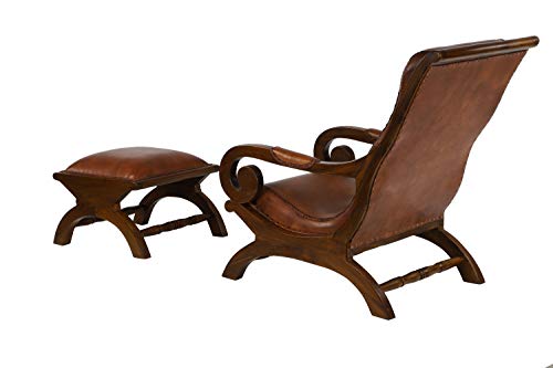 Deco 79 Teak Wood Upholstered Leather Accent Chair with Ottoman with Scrollwork and High Back, Set of 2 36", 16"H, Brown