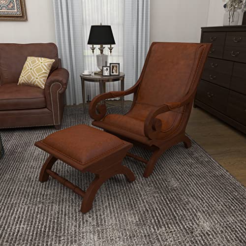 Deco 79 Teak Wood Upholstered Leather Accent Chair with Ottoman with Scrollwork and High Back, Set of 2 36", 16"H, Brown