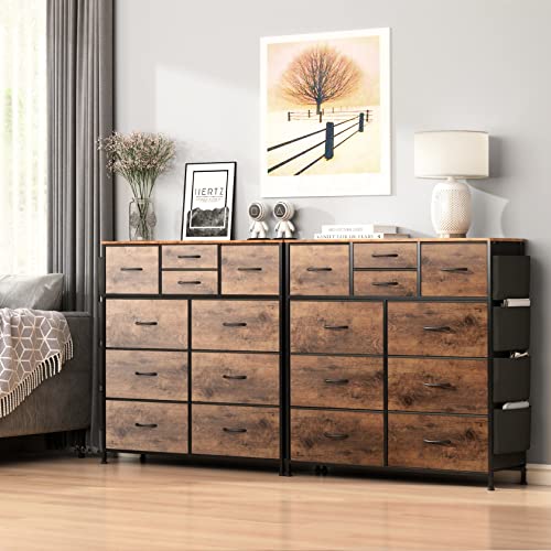 Lulive 10 Drawer Dresser, Chest of Drawers for Bedroom with Side Pockets and Hooks, Fabric Storage Dresser, Sturdy Steel Frame, Wood Top, Organizer Unit for Nursery, Hallway, Closet (Rustic Brown)
