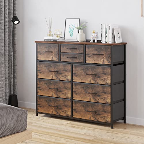 LUMTOK 10-Drawer Dresser, Fabric Storage Dressers for Bedroom, Hallway, Nursery, Closets, Steel Frame, Wood Top, Easy Pull Handle (Rustic Brown)