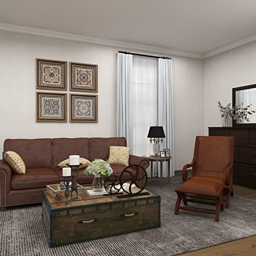 Deco 79 Teak Wood Upholstered Leather Accent Chair with Ottoman with Scrollwork and High Back, Set of 2 36", 16"H, Brown