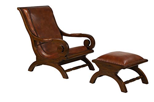 Deco 79 Teak Wood Upholstered Leather Accent Chair with Ottoman with Scrollwork and High Back, Set of 2 36", 16"H, Brown
