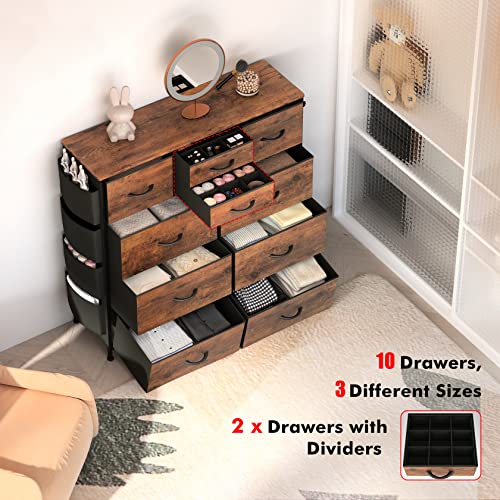 Lulive 10 Drawer Dresser, Chest of Drawers for Bedroom with Side Pockets and Hooks, Fabric Storage Dresser, Sturdy Steel Frame, Wood Top, Organizer Unit for Nursery, Hallway, Closet (Rustic Brown)