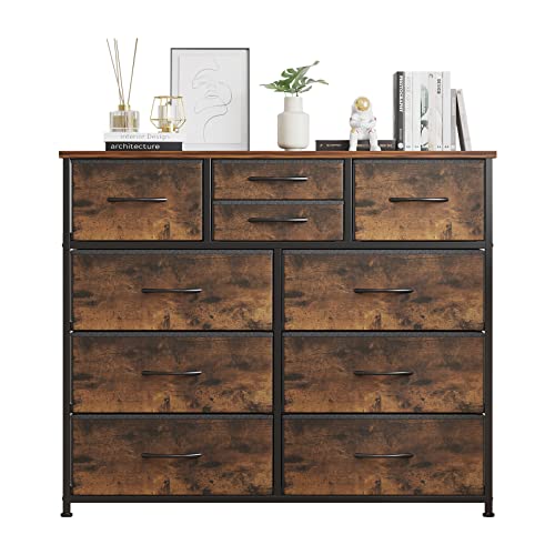 LUMTOK 10-Drawer Dresser, Fabric Storage Dressers for Bedroom, Hallway, Nursery, Closets, Steel Frame, Wood Top, Easy Pull Handle (Rustic Brown)
