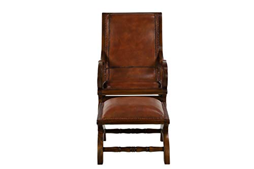 Deco 79 Teak Wood Upholstered Leather Accent Chair with Ottoman with Scrollwork and High Back, Set of 2 36", 16"H, Brown