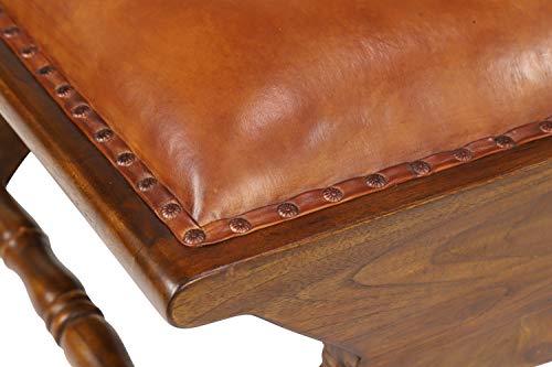 Deco 79 Teak Wood Upholstered Leather Accent Chair with Ottoman with Scrollwork and High Back, Set of 2 36", 16"H, Brown