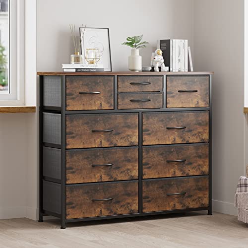 LUMTOK 10-Drawer Dresser, Fabric Storage Dressers for Bedroom, Hallway, Nursery, Closets, Steel Frame, Wood Top, Easy Pull Handle (Rustic Brown)