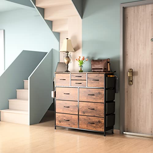 Lulive 10 Drawer Dresser, Chest of Drawers for Bedroom with Side Pockets and Hooks, Fabric Storage Dresser, Sturdy Steel Frame, Wood Top, Organizer Unit for Nursery, Hallway, Closet (Rustic Brown)