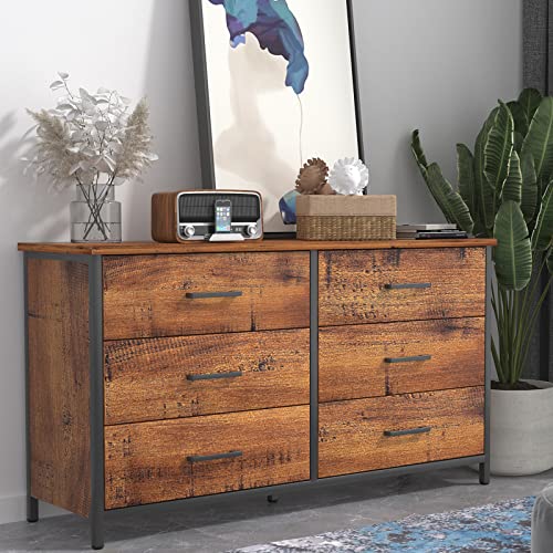 IKENO 6 Drawer Double Dresser, Industrial Wood Storage Dresser Clothes Organizer, Sturdy Steel Frame, Storage Dresser for Bedroom