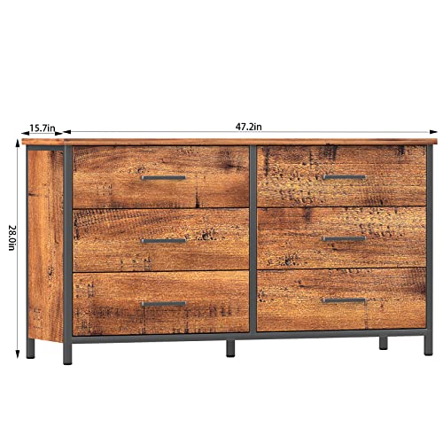 IKENO 6 Drawer Double Dresser, Industrial Wood Storage Dresser Clothes Organizer, Sturdy Steel Frame, Storage Dresser for Bedroom