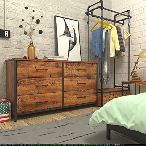 IKENO 6 Drawer Double Dresser, Industrial Wood Storage Dresser Clothes Organizer, Sturdy Steel Frame, Storage Dresser for Bedroom
