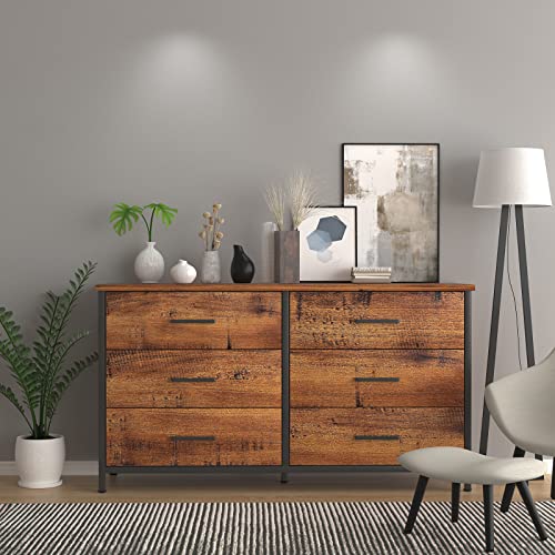 IKENO 6 Drawer Double Dresser, Industrial Wood Storage Dresser Clothes Organizer, Sturdy Steel Frame, Storage Dresser for Bedroom