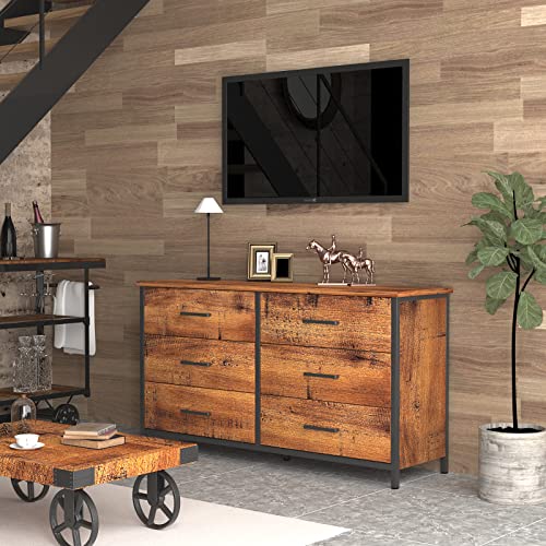 IKENO 6 Drawer Double Dresser, Industrial Wood Storage Dresser Clothes Organizer, Sturdy Steel Frame, Storage Dresser for Bedroom