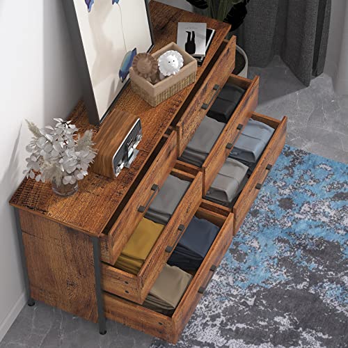 IKENO 6 Drawer Double Dresser, Industrial Wood Storage Dresser Clothes Organizer, Sturdy Steel Frame, Storage Dresser for Bedroom