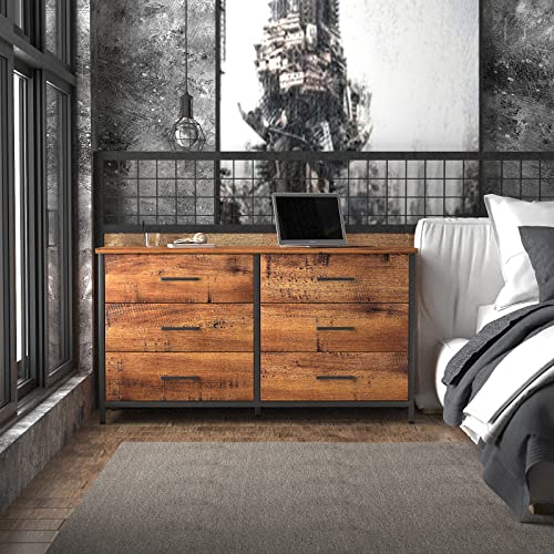 IKENO 6 Drawer Double Dresser, Industrial Wood Storage Dresser Clothes Organizer, Sturdy Steel Frame, Storage Dresser for Bedroom